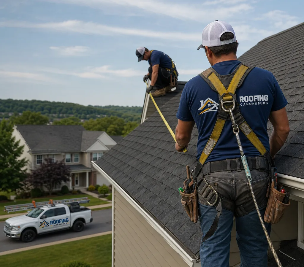 Roofing crew inspecting and measuring a Canonsburg-area home roof