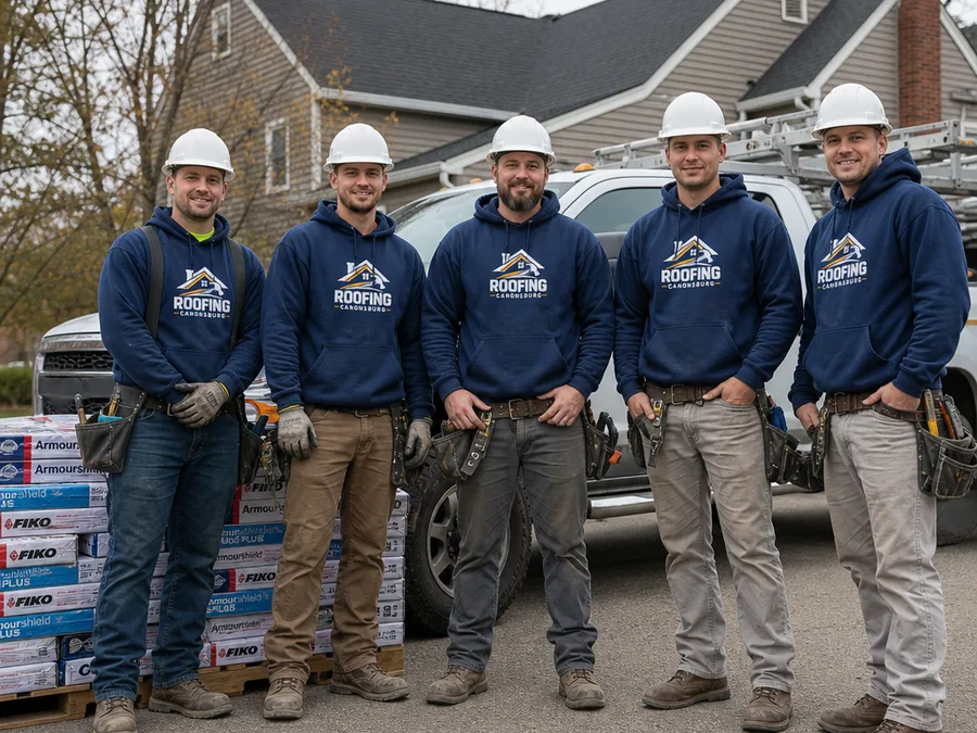 Roofing crew with safety gear beside a work truck and neatly staged materials